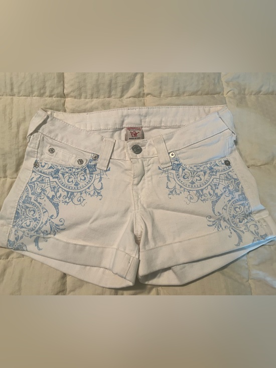 True Religion Pants - True Religion White Denim Shorts with Light Blue Scroll Print